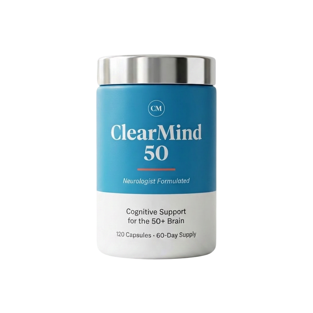 ClearMind 50 bottle with a cerulean blue label and silver cap